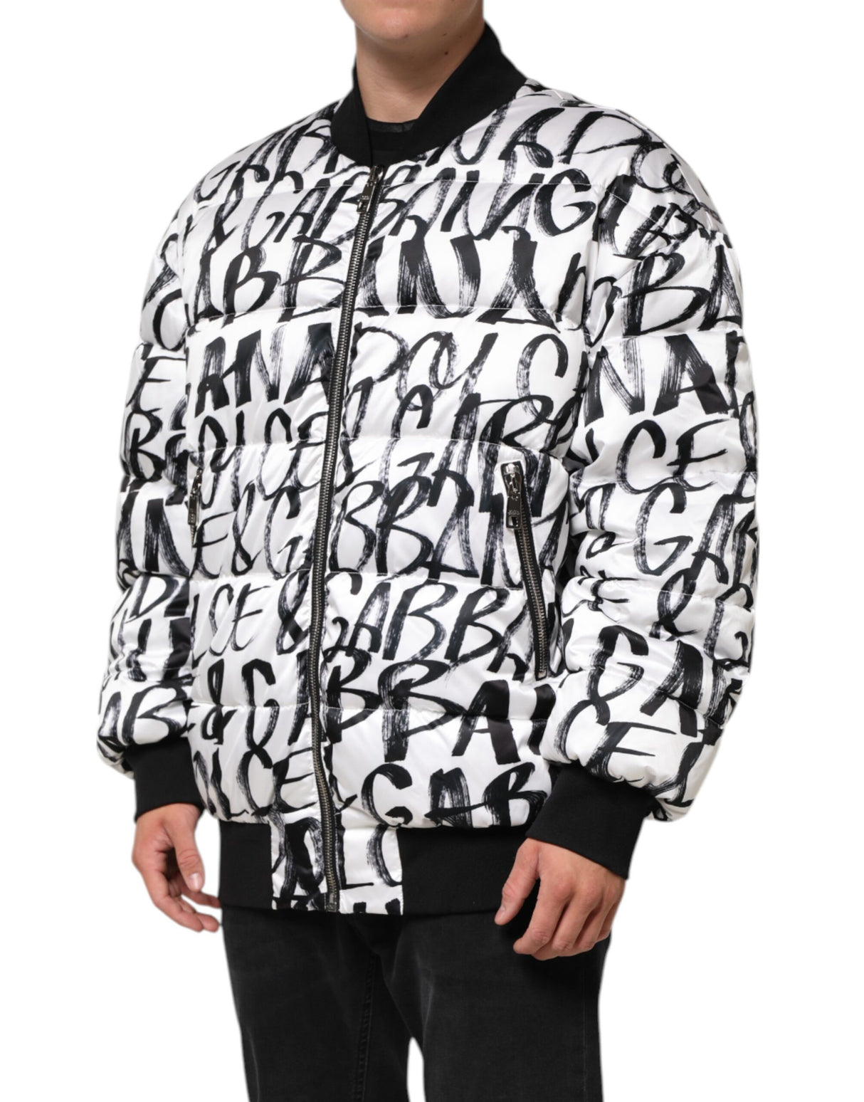 Dolce & Gabbana White Black Graffiti Logo Puffer Bomber Jacket
