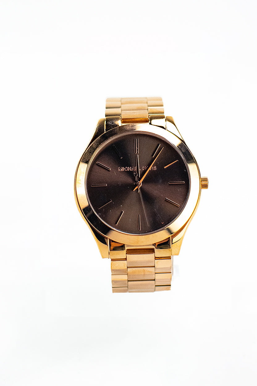 Montre-bracelet Michael Kors Runway en acier inoxydable doré pour femme avec cadran marron MK3181
