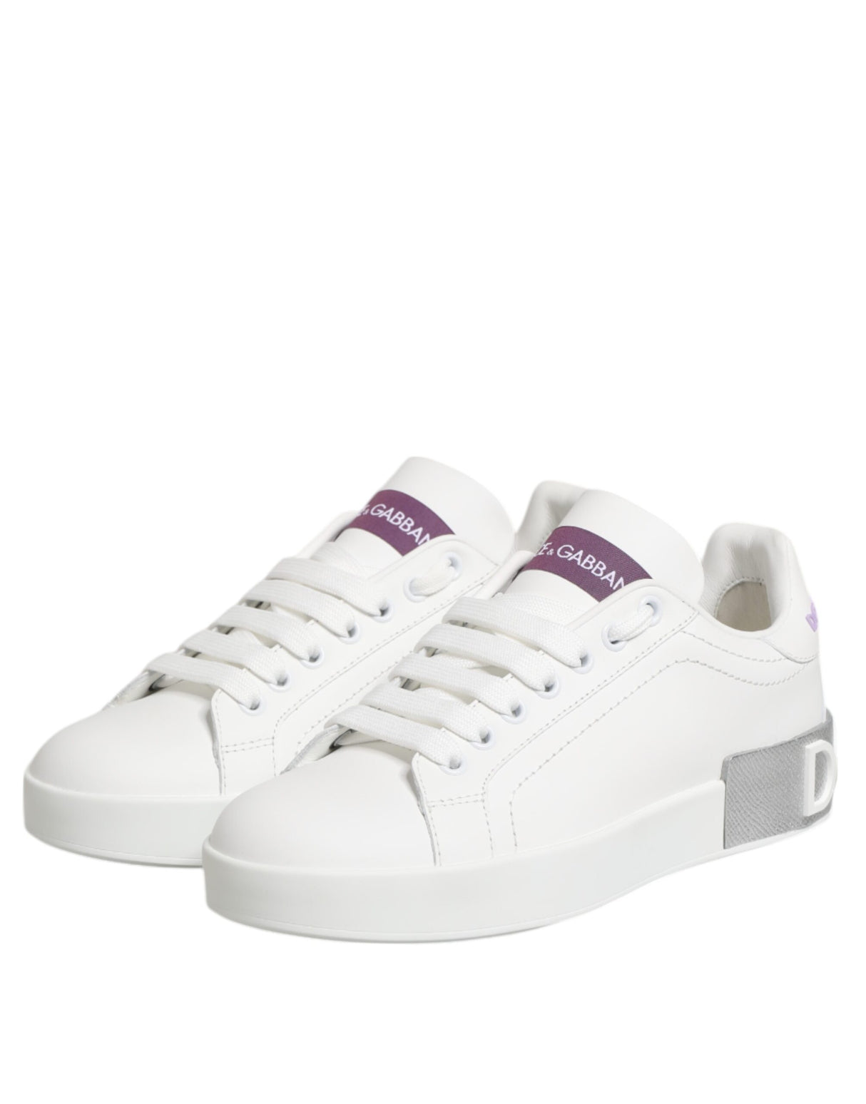 Dolce & Gabbana White Purple Leather Low Top Sneakers Shoes