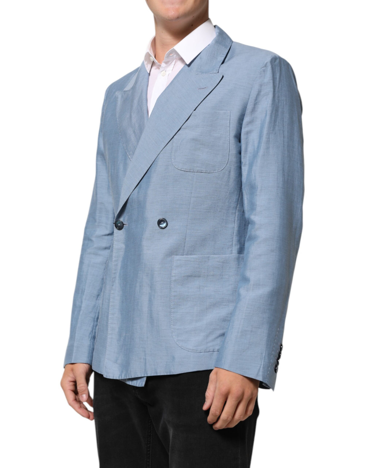 Dolce & Gabbana Light Blue Linen Double Breasted Men Jacket Blazer