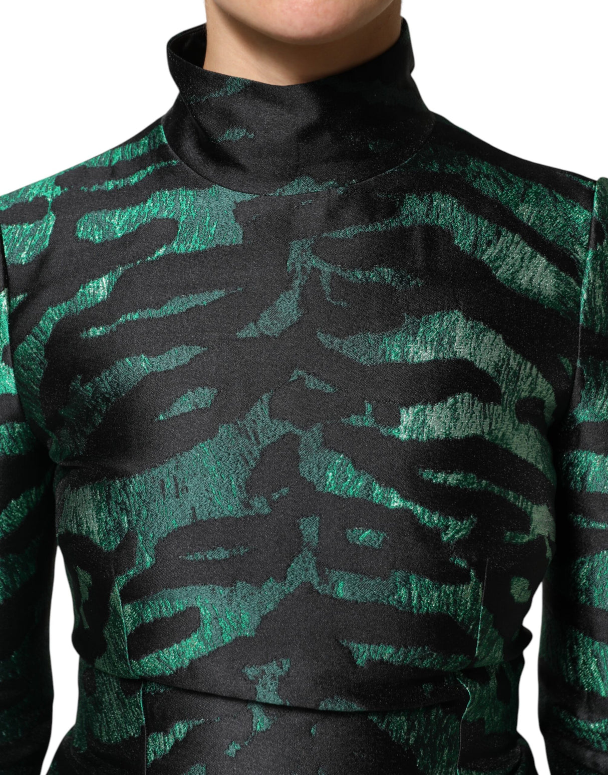 Dolce & Gabbana Black Green Metallic Jacquard Mini Long Dress