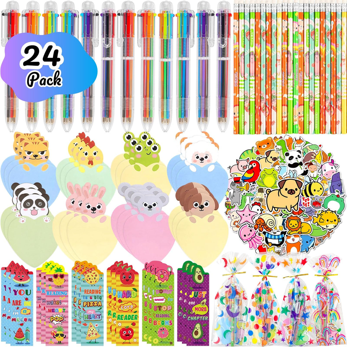 Multicolor Pen Party Favors 24Pack School Stationery Set with 6-in-1 Multicolor Ballpoint Pens Pencils Sticky Notes Stickers Motivational Bookmarks for Goodie Bags Birthday Classroom Gifts Rewards