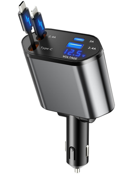 Retractable Car Charger 4 in 1 Fast Charging Car Charger USB-C & USB-A Compatible with iPhone 16/15/14/13/12/11GalaxyPixel