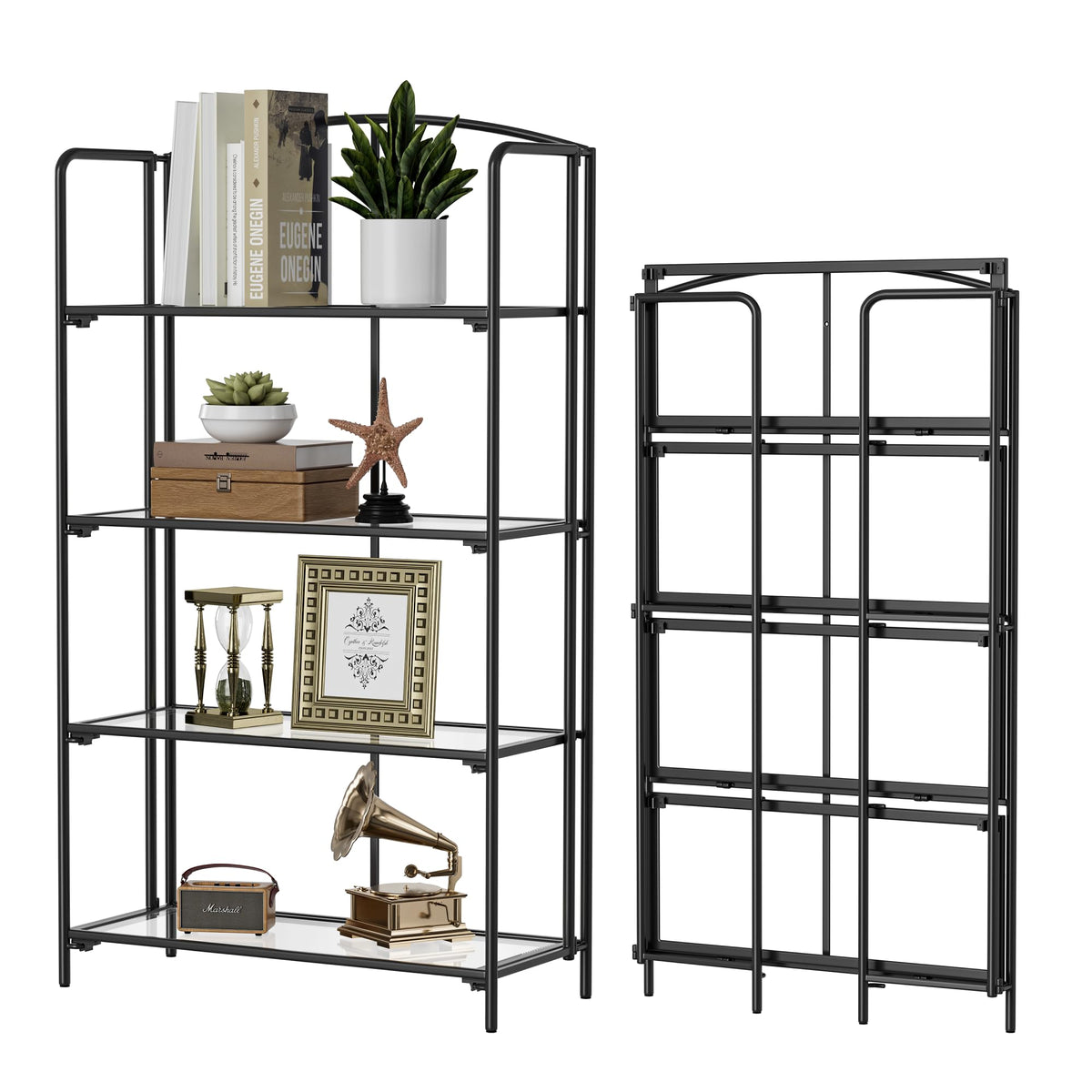 Crofy No Assembly Folding Bookshelf for Living Room 4 Tier Black Collapsible Book Shelf for Home Office Portable Bookcase Storage Organizer