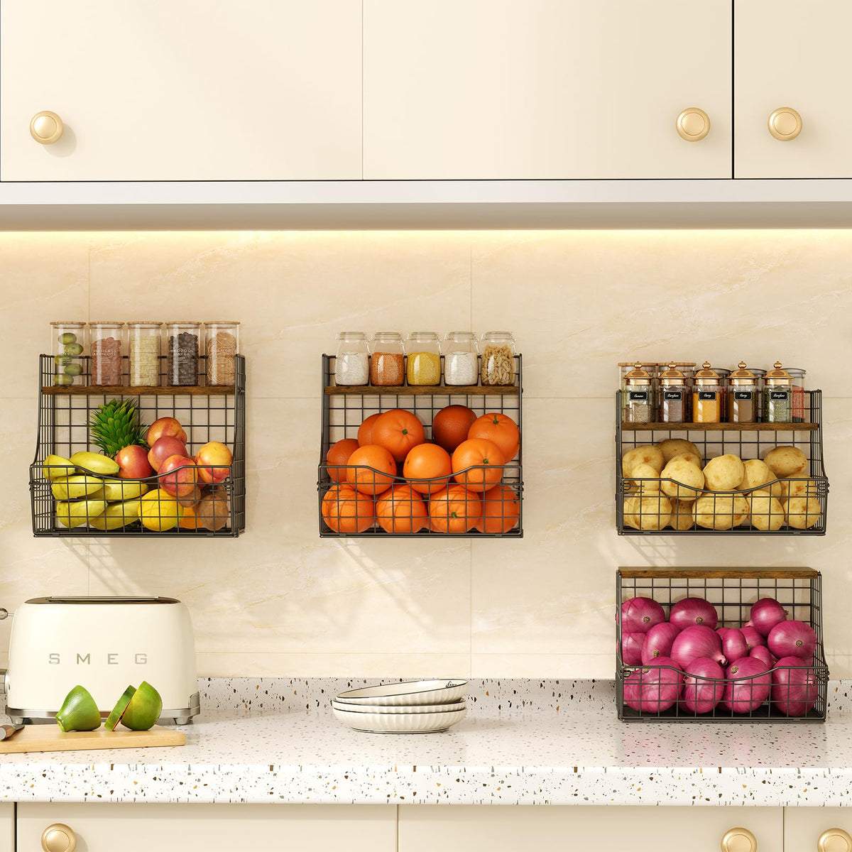 Jautokerdar Fruit Basket for Kitchen with Lid Counter&Wall Mounted Hanging Fruit Basket Potato and Onion Storage Metal Wire Fruit and Vegetable Storage Snack Organizer 4 Pack(small and large)