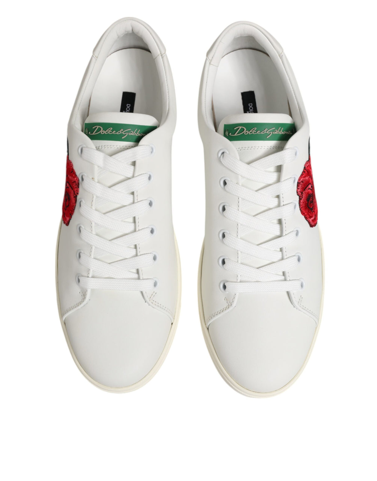 Dolce & Gabbana White Leather Rose Embroidery Low-Top Shoes