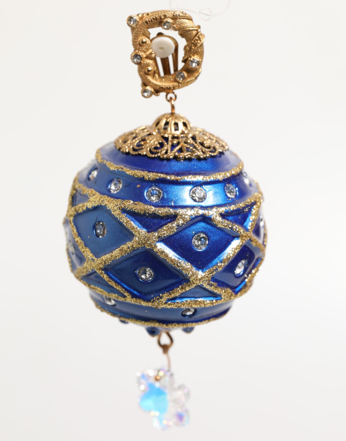 Dolce & Gabbana Gold Brass Blue Christmas Ball Crystal Drop Clip On Earrings