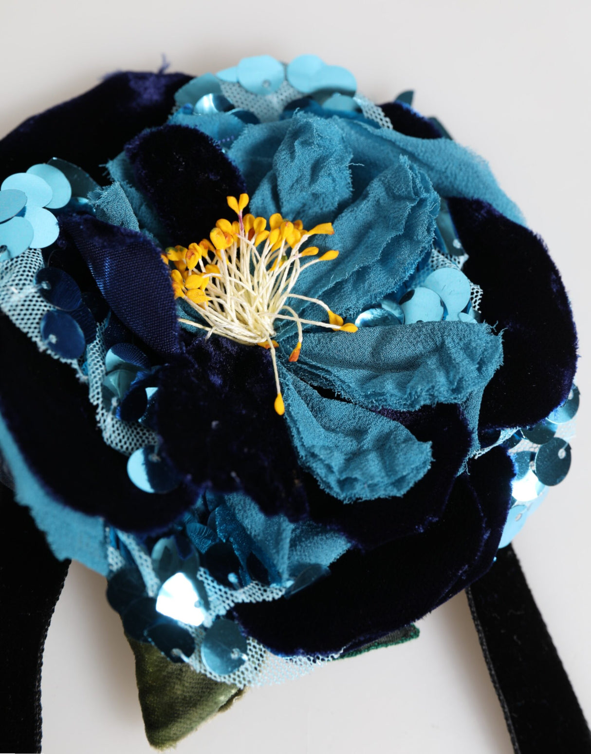 Dolce & Gabbana Blue Floral Appliqué Velvet Choker Crystal Beads Necklace