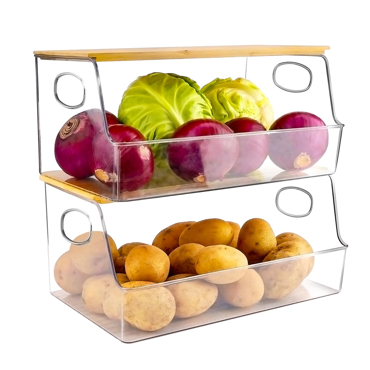 Pantry Organizers and Storage for Front Open & Enclosed 2 Sets Stackable Storage Bins with Lid 13.4 x 8.5 x 5.3 Kitchen Laundry Organizer Basket for Potato Onion Garlic Fruit Vegetable