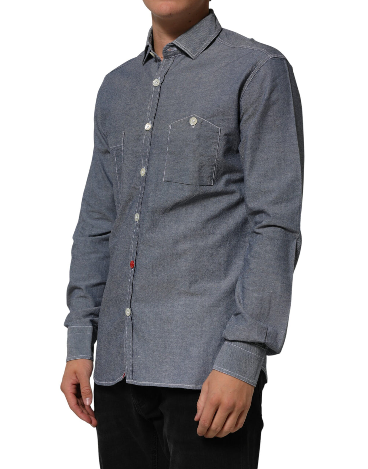 AGLINI Blue Denim Regular Fit Collared Long Sleeve Casual Shirt