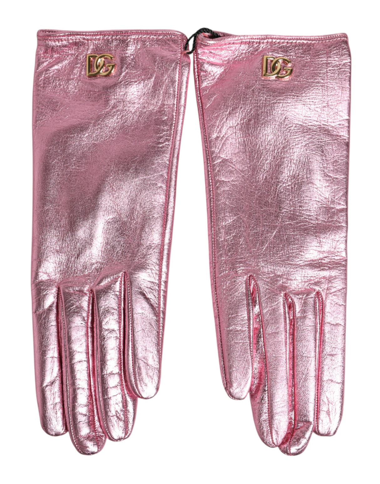 Dolce & Gabbana Pink Leather DG Logo Wrist Length Mitten Gloves