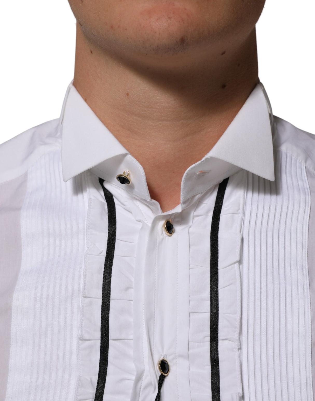 Dolce & Gabbana White Cotton Collared Long Sleeve GOLD Dress Shirt