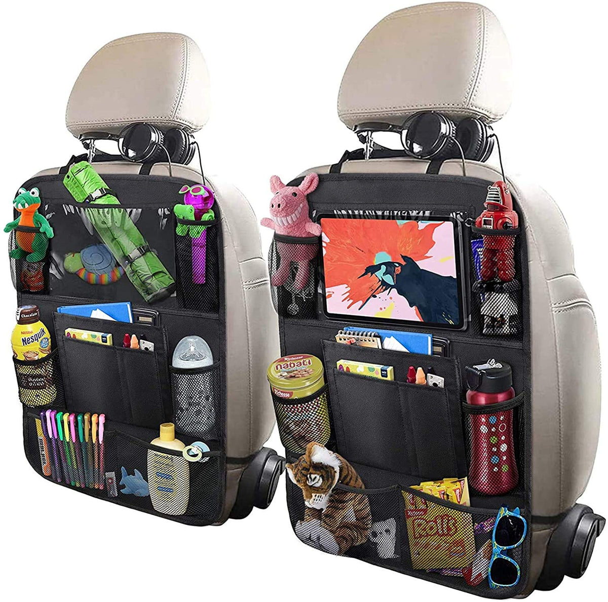ULEEKA Car Backseat Organizer with 10" Table Holder 9 Storage Pockets Seat Back Protectors Kick Mats for Kids Toddlers Travel Accessories 2 Pack