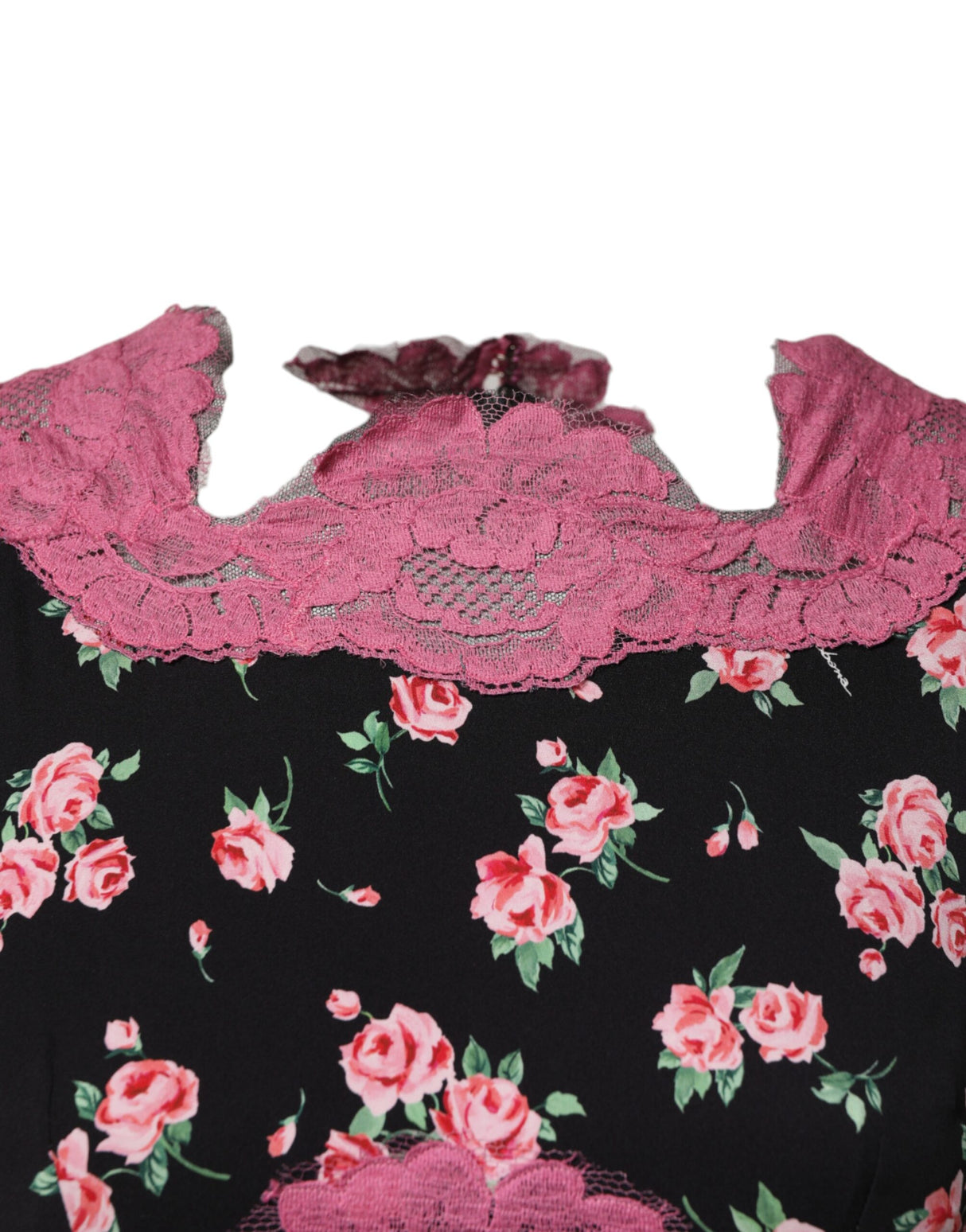 Dolce & Gabbana Black Pink Floral Lace Silk Sheath Dress