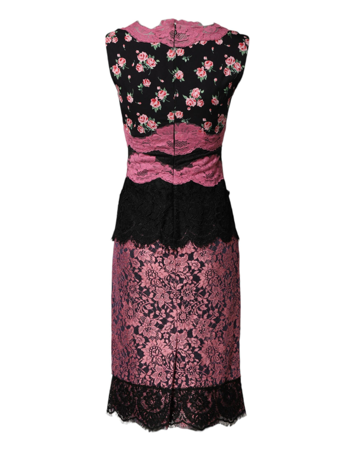 Dolce & Gabbana Black Pink Floral Lace Silk Sheath Dress