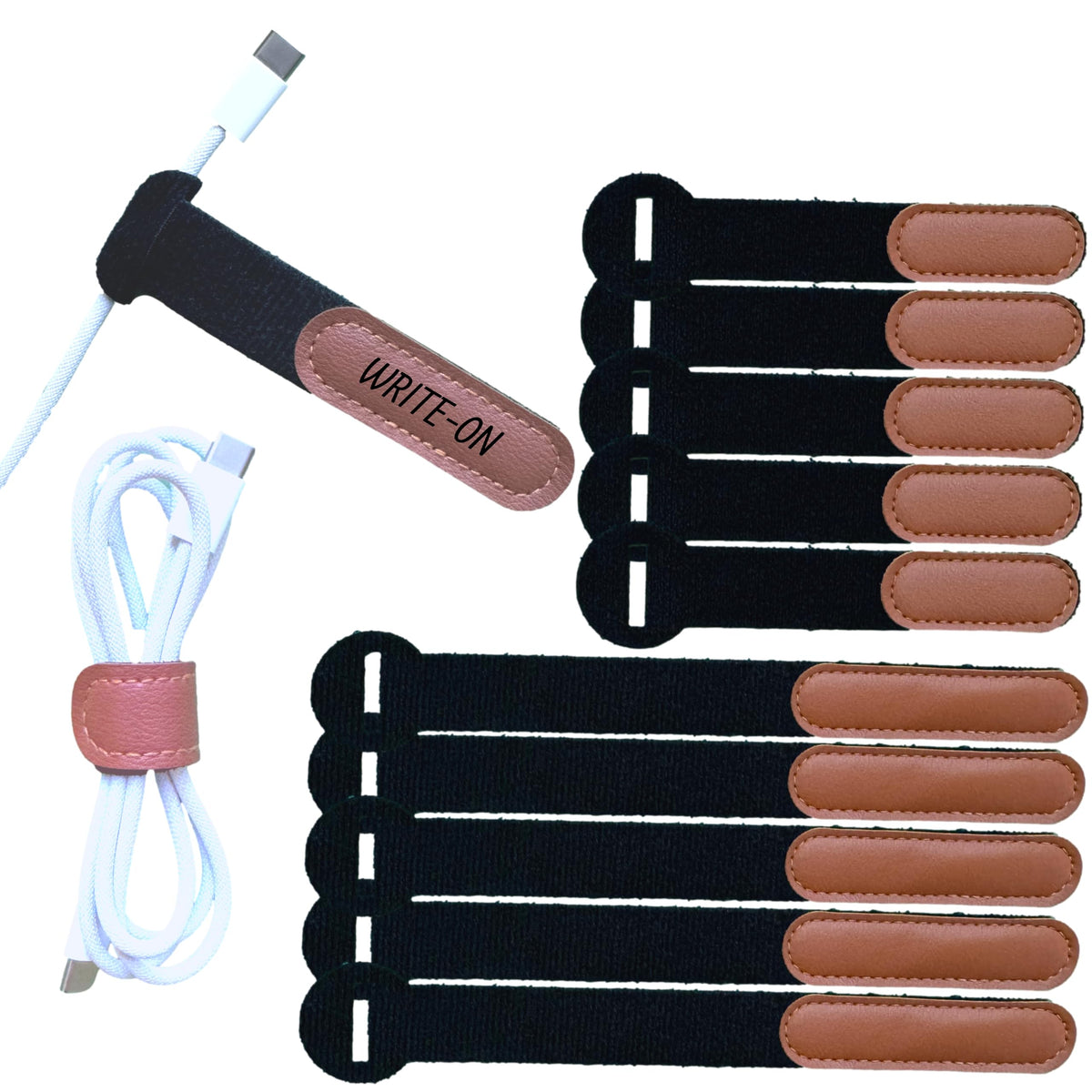 Cable Collars - Stay-on Reusable Cable Ties w/Labels 10 Pack (5" & 8" Straps) Hook and Loop Cord Organizer with Faux Leather Detail for Chargers Appliances and Cable Management Under Desk