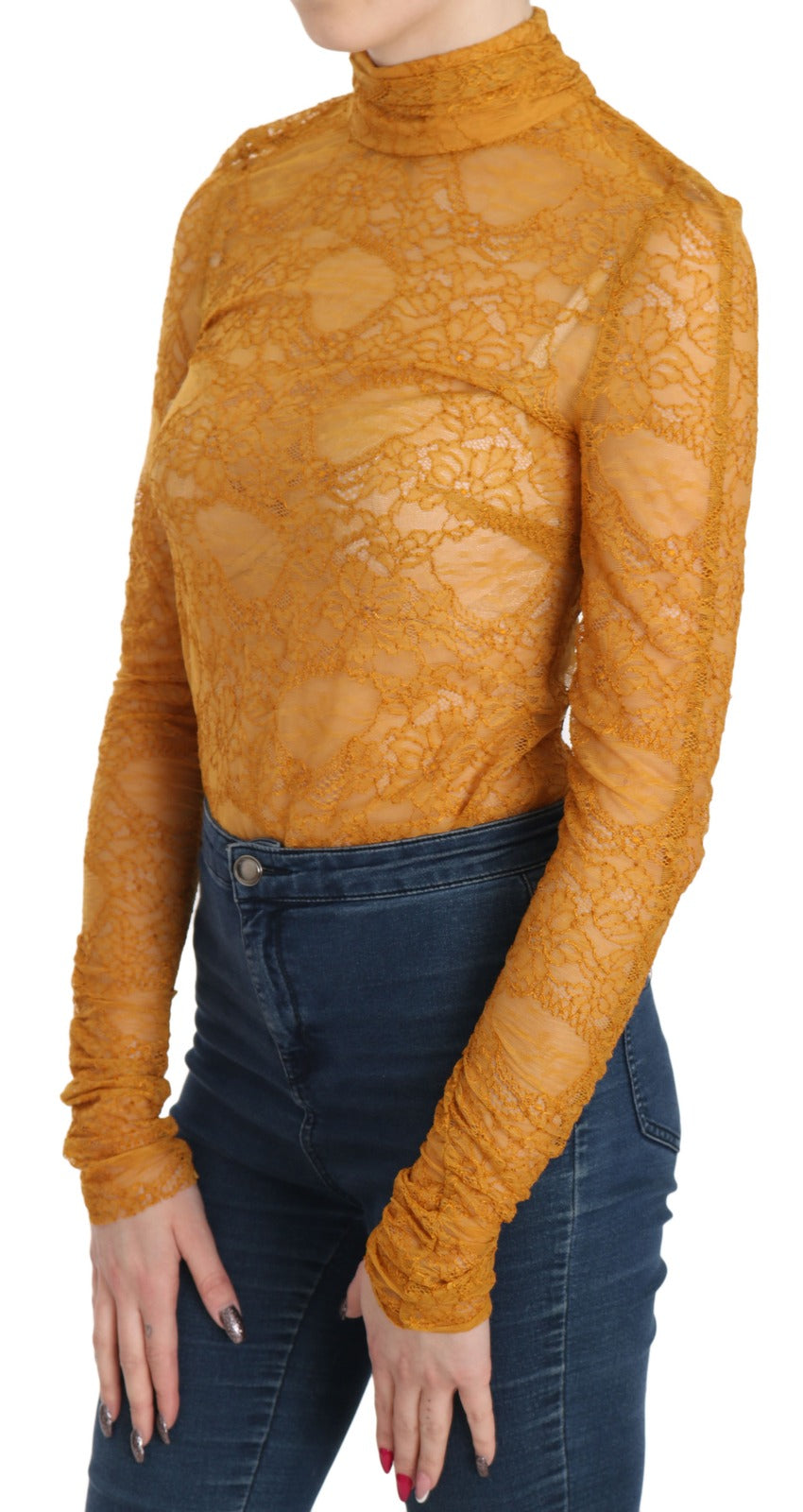 Mangano Mustard Turtle Neck Long Sleeve Lace Top Blouse