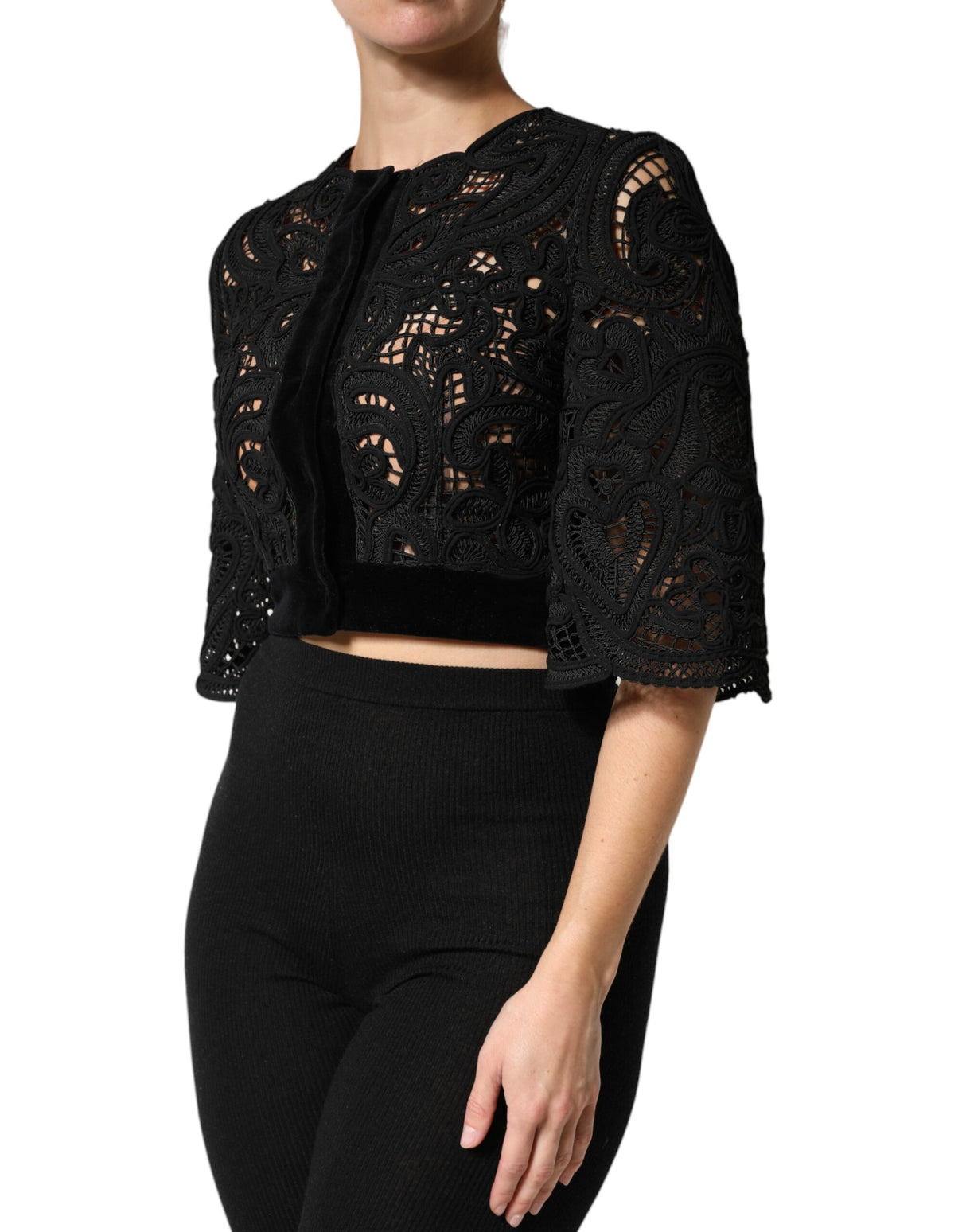 Dolce & Gabbana Black Floral Lace Cropped Coat Jacket