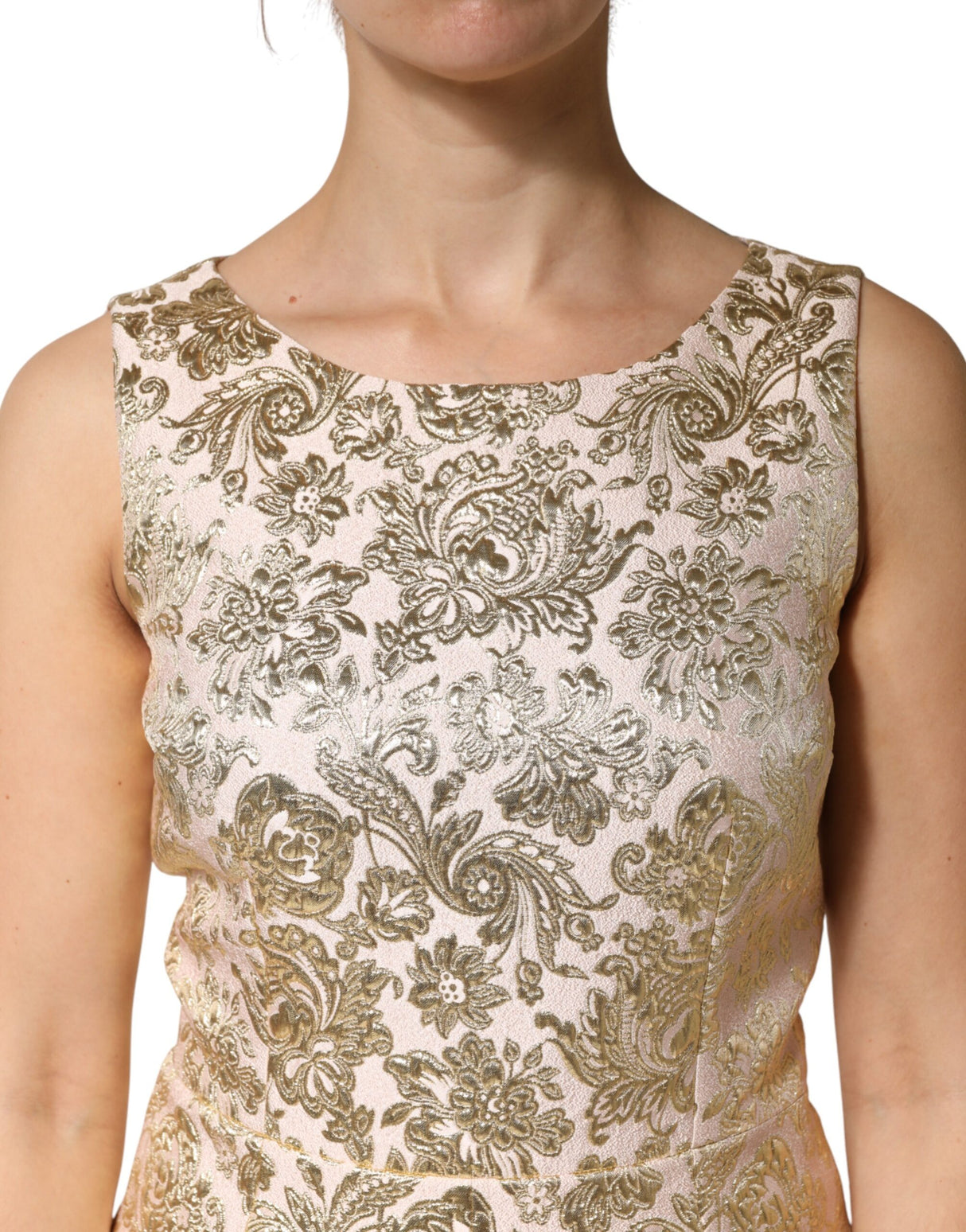 Dolce & Gabbana Beige Gold Floral Brocade Sleeveless Dress