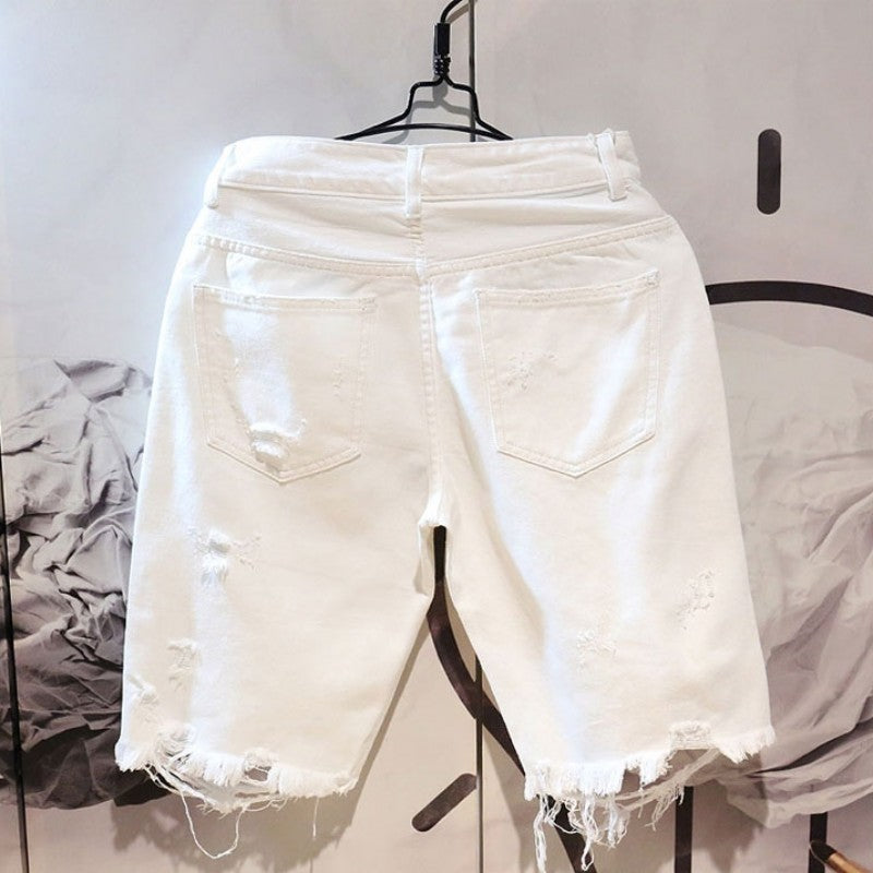 Men's Casual White Ripped Denim Summer Shorts