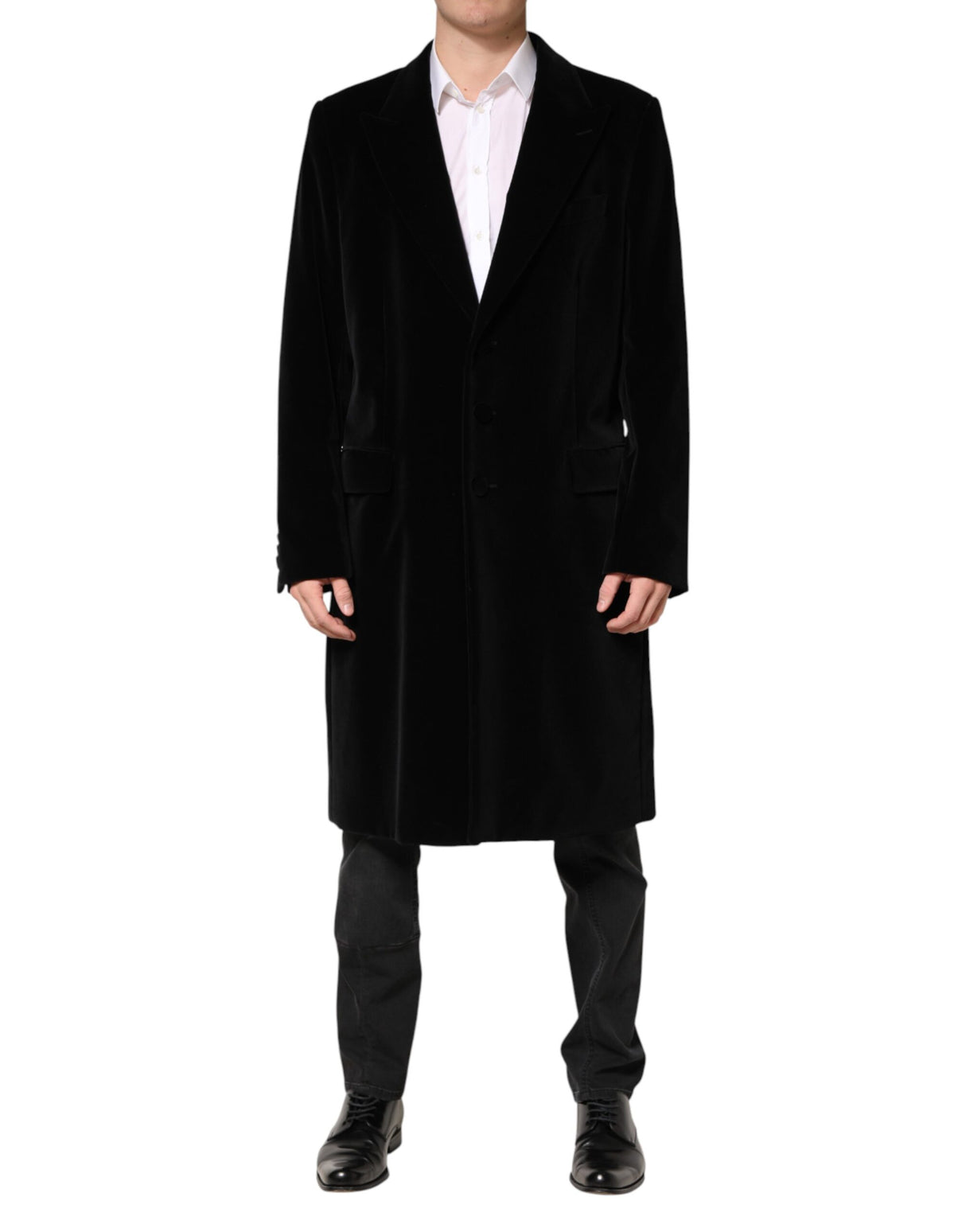 Dolce & Gabbana Black Cotton Velvet Long Trench Coat Jacket