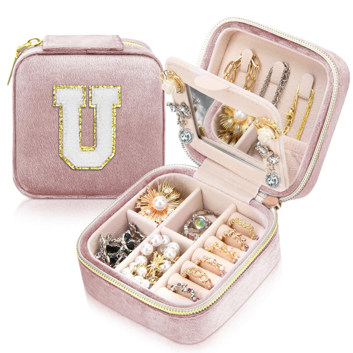 DTBG Small Travel Jewelry Case Gifts for Girls Earring Jewelry Box Christmas Gifts for Sister Jewelry Organizer Ring Box Small Jewelry Case with Mirror Gifts For Daughter Teen Girl Pink - U