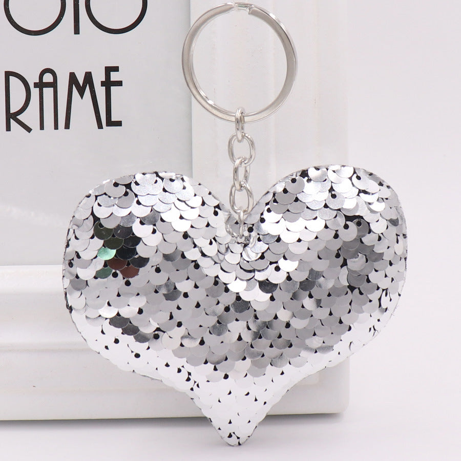 Sequin Heart Bag Charm with Reflective Keyring Design