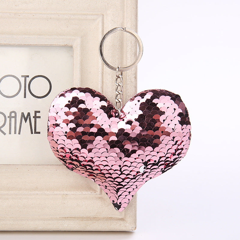 Sequin Heart Bag Charm with Reflective Keyring Design