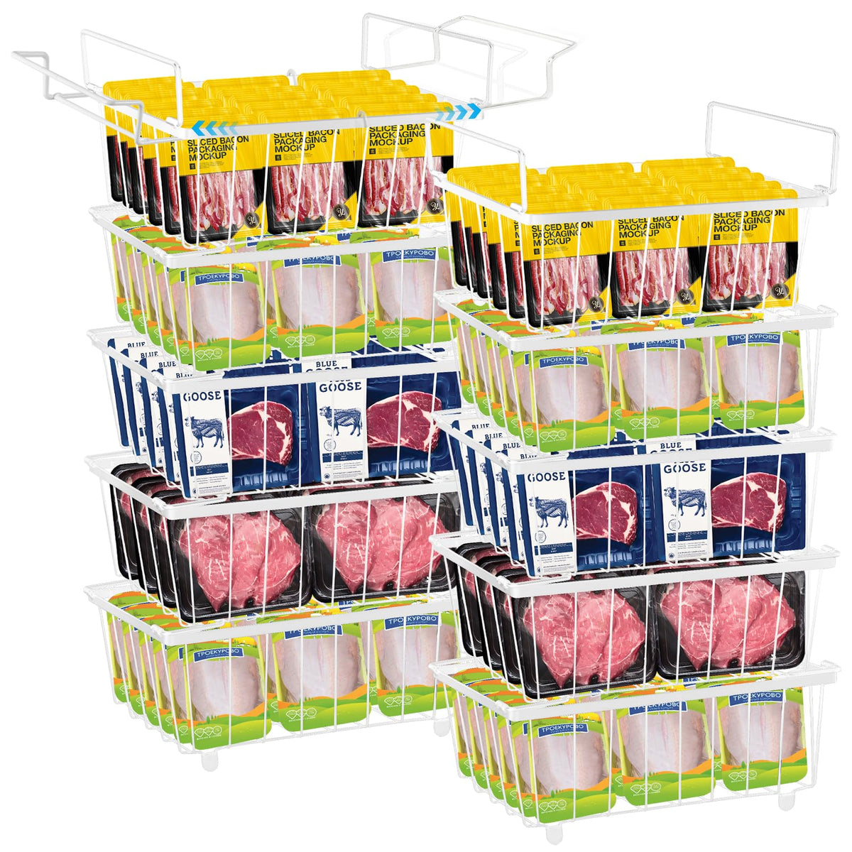 10 Pack Freezer Organizer Bins Stackable Chest Freezer Organizer for 7 Cu.FT Deep Freezer Kitchen Counter Organizer with 6 Extendable Handles 40 Rubber Cover Metal Wire Organizing Bins for Bathroom