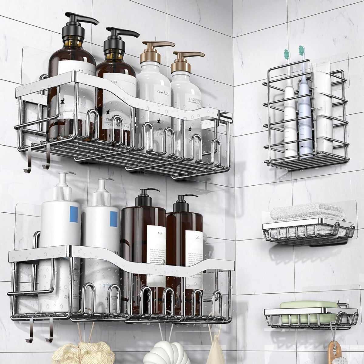 ASA ASA STORES Rustproof Adhesive Shower Caddy Hanging Silver 5-Pack No Drill Bathroom Organizer With 20 HooksSoap Holder4 Snap Hooks-Stainless Steel Wall Mounted Storage For Kitchen & Home Decor