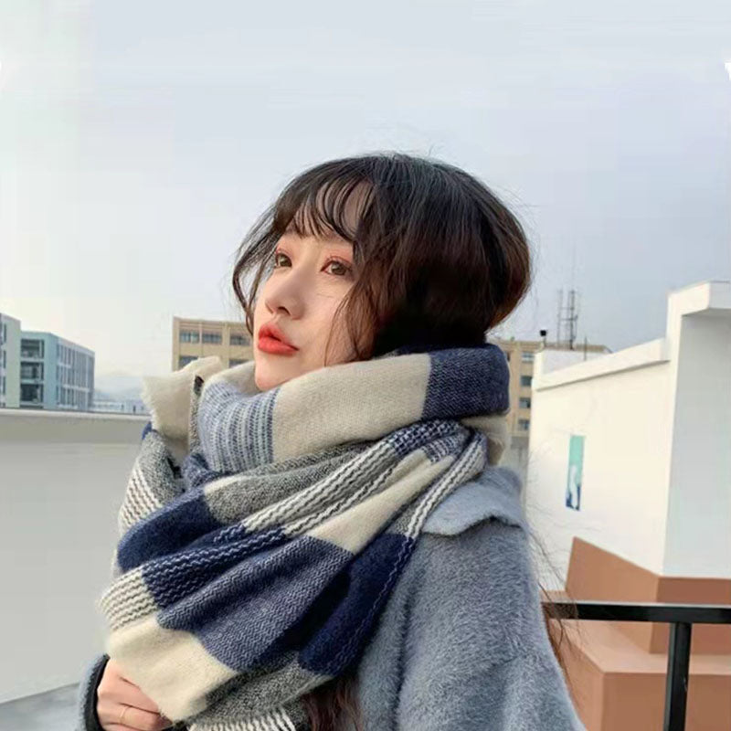 Women's Blue Plaid Winter Scarf with Tassels