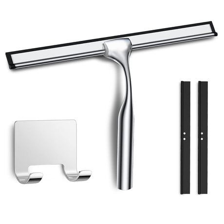 All-Purpose Shower Squeegee with Adhesive Hook for Cleaning Bathroom Glass Doors Car Window Mirrors and Tile Wall Stainless Steel Handheld Glass Water Wiper Cleaner Removal Scraper Tool (Sliver 10")