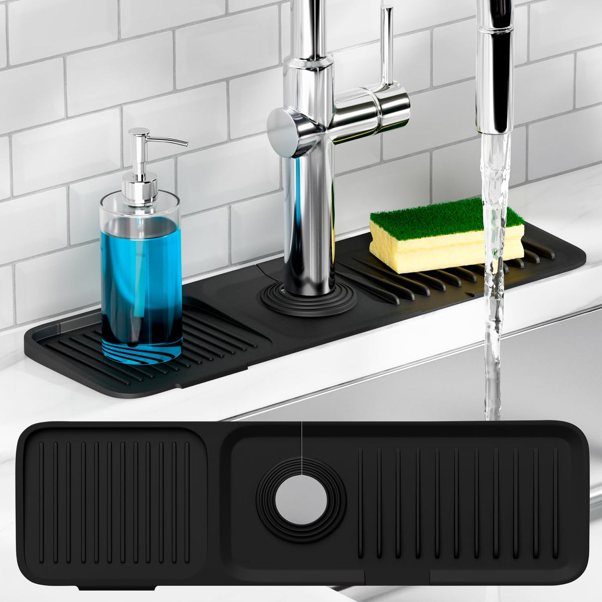 Xplash Sloped Kitchen Sink Splash Guard - Premium Sloped Silicone Kitchen Sink Splash Guard & Organizer - Dishwasher Safe and Universal Fit (17.5" Wide)