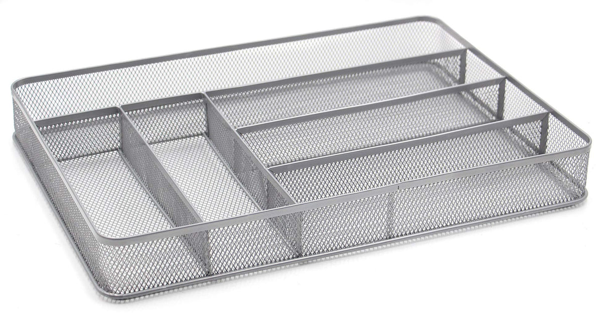 TQVAI Mesh Cutlery Tray 6 Compartments Kitchen Silverware Holder Utensil Flatware Organizer Silver