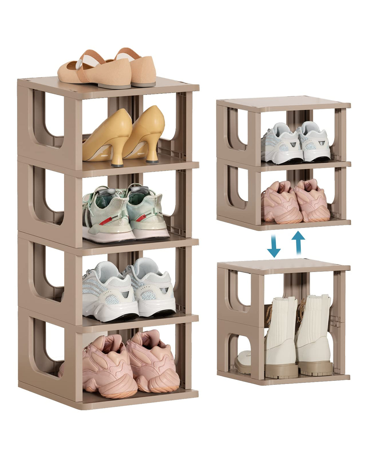Narrow Shoe Rack - 5 Tiers Stackable Shoe Storage Stand for Entryway Hallway and Closet Durable Shoe Shelf Space Saving Boots Storage and Organization Stylish Small Shoe Cabinet No-Tool Assembly Khaki