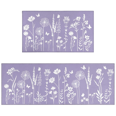 Lavender Purple Kitchen Rug Set of 2- Purple Butterfly Plant Floral Rug Floor Mats Area Rug Carpet Kitchen Decor Accessories Things- Leaves Flower Rugs for Home Kitchen Large- 17x30 and 17x47 Inch