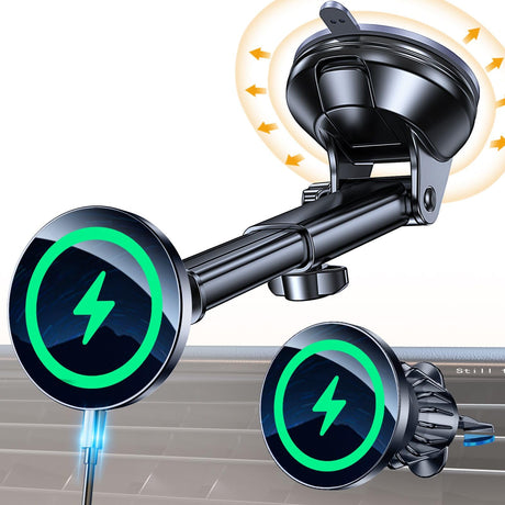 Coolpow for MagSafe Car Mount Charger Magsafe Car Charger Mount Wireless Car Charger【 Windshield+Vent+Dash】Magsafe Suction Cup Mount Charger Magnetic Phone Holder Car for iPhone 16 Pro Max 15 14 13 12