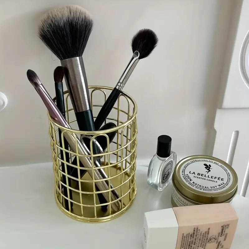Golden Makeup Brush Holder for Desk and Home Organizer