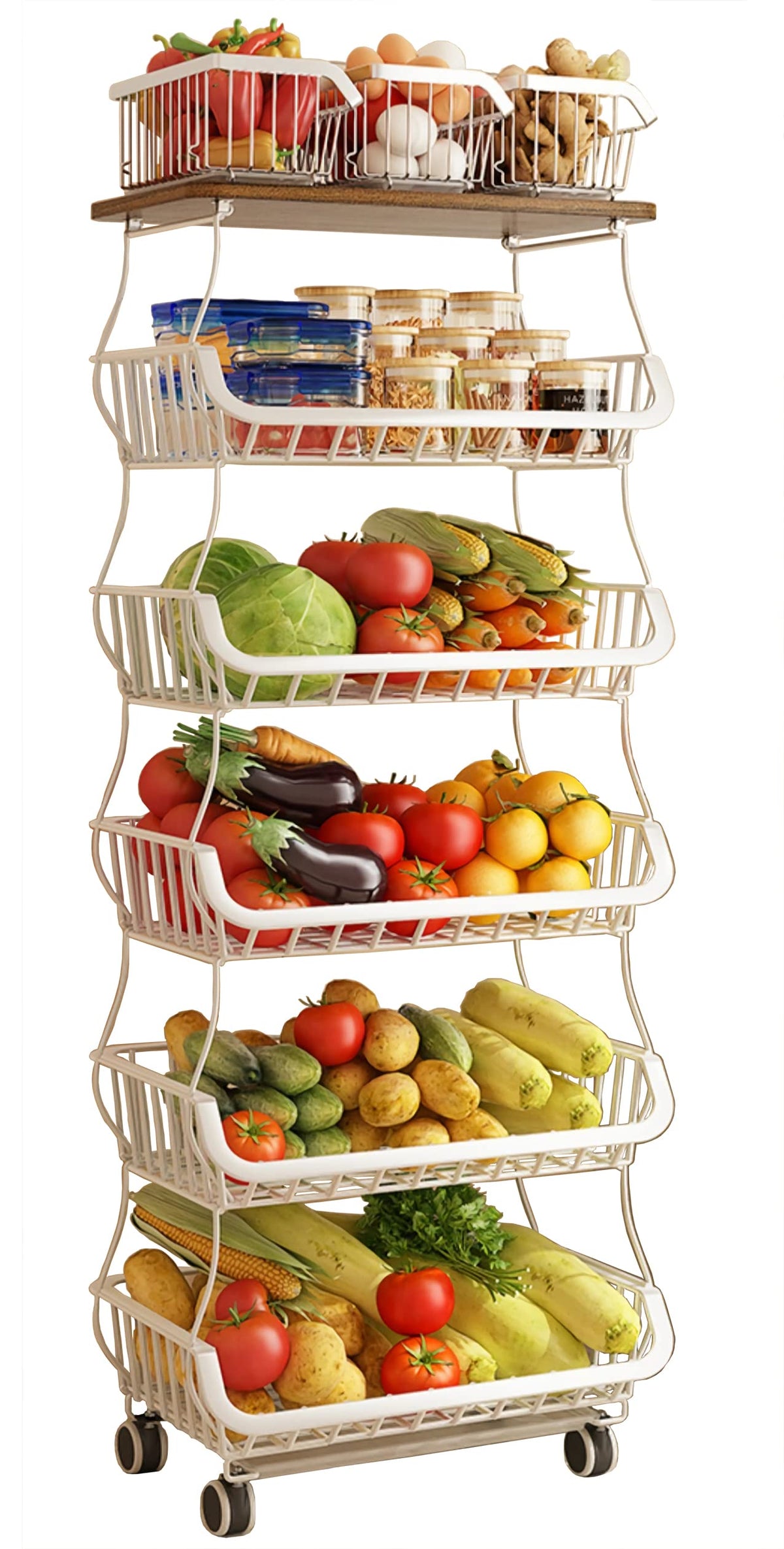MURRI&MURRDI Fruit Vegetable Storage Basket with Wooden Lid 6 Tier Stackable Storage Baskets with Wheels Produce Basket Organizer for Kitchen Rolling Rack Storage Cart for Pantry (White 6 Layer)
