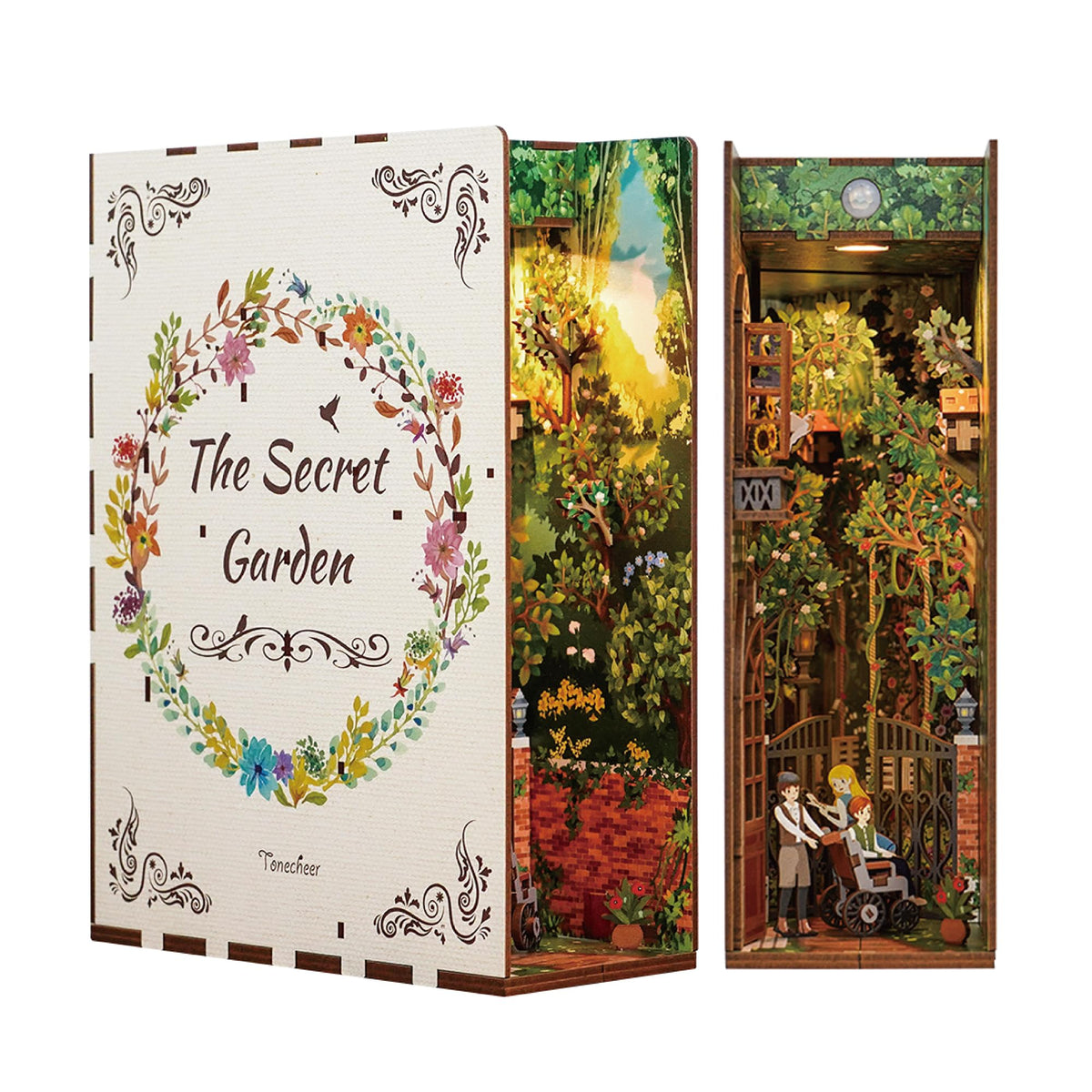 Tonecheer DIY Book Nook Kit for Adults3D Wooden Puzzle Bookend Bookshelf Insert Library Decor Booknook Miniature House Kit with Body Motion Sensor LED Light (The Secret Garden)