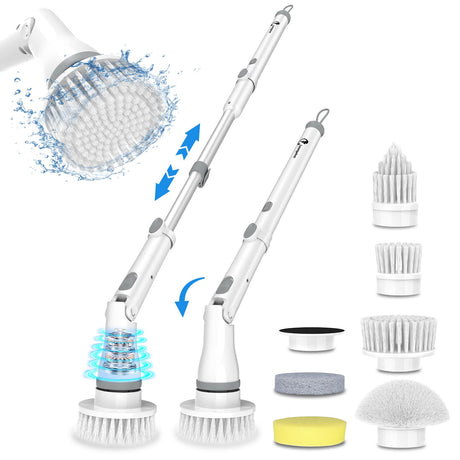 Leenpeker Electric Spin Scrubber Adjustable Cordless 450RPM Power Shower Cleaning Brush with 6 Brush Heads IP68 Waterproof Extension Handle for Bathroom Tub Kitchen Tile Floor Car