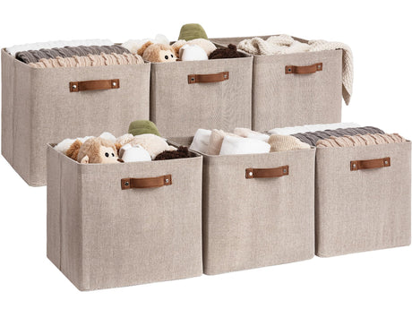 StorageWorks 13x13 Storage Cubes Collapsible Storage Bins Organizer for Closet Fabric Storage Box with PU Handles Brown and Beige 6-Pack