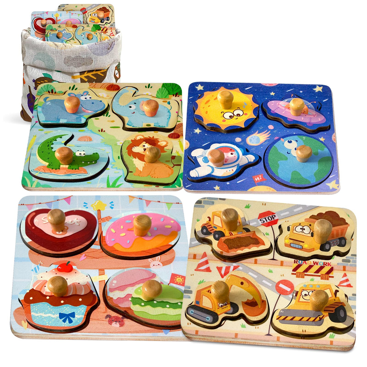 Zeoddler Wooden Puzzles for Toddlers 4 Pcs Peg Puzzles for Kids 2-4 Preschool Learning Puzzles for 2 3 Years Old Learning & Educational Puzzle for Boys Girls