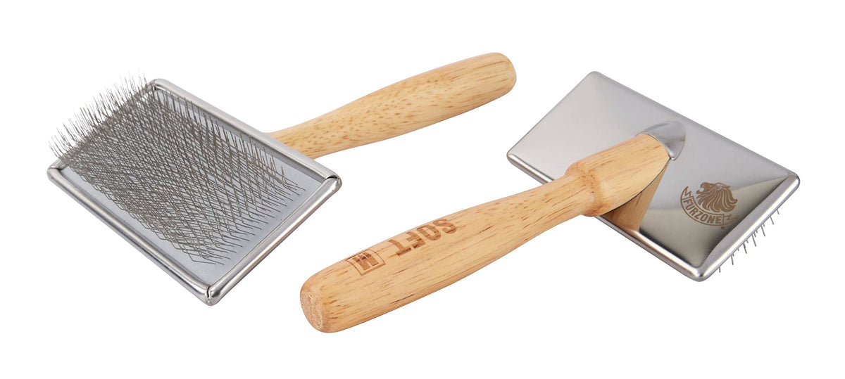 Furzone Wooden Slicker Brush - Stainless Steel Soft Pins for Pet Grooming (Size M)