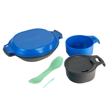 humangear GoKit Deluxe: 7-Tool Lightweight Camping Mess Kit with Portable Insulated Cup Camping Plate Bowl Utensil and Toothpick - Ideal On-The-Go Camping Solution Charcoal/Blue