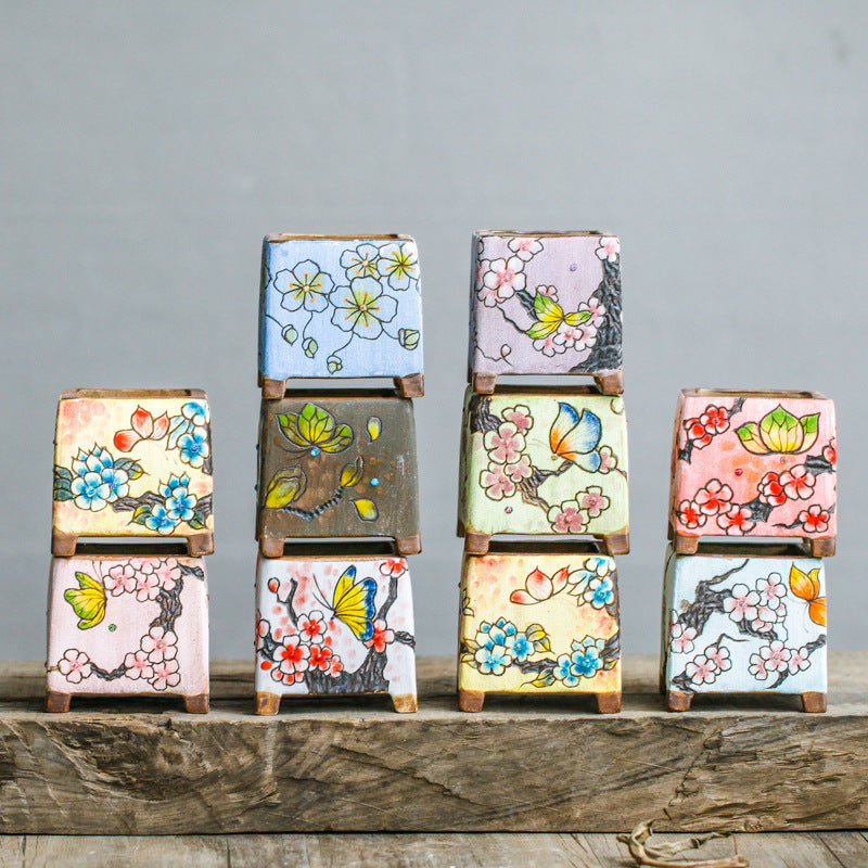 Hand-Painted Diamond-Embedded Square Ceramic Planter