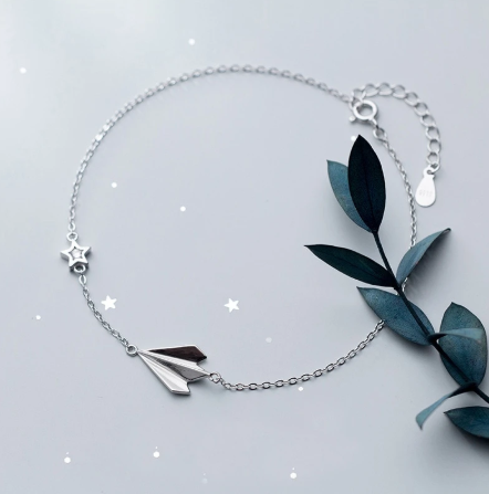 S925 Silver Ankle Bracelet with Star and Airplane Charm