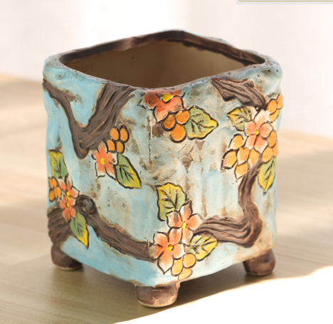 Hand-Painted Diamond-Embedded Square Ceramic Planter