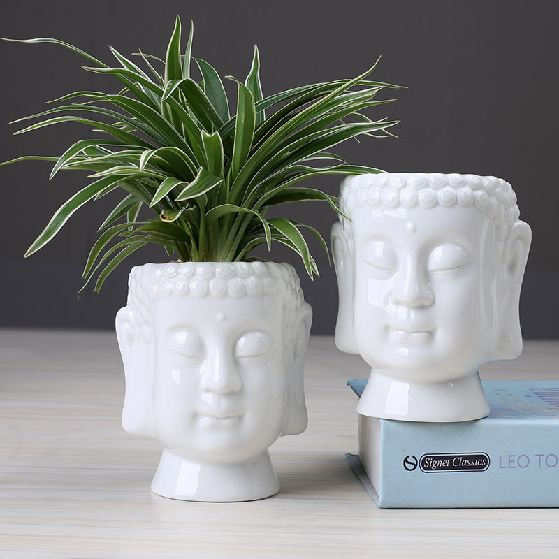 White Ceramic Succulent Planter with Buddha Statue Decor