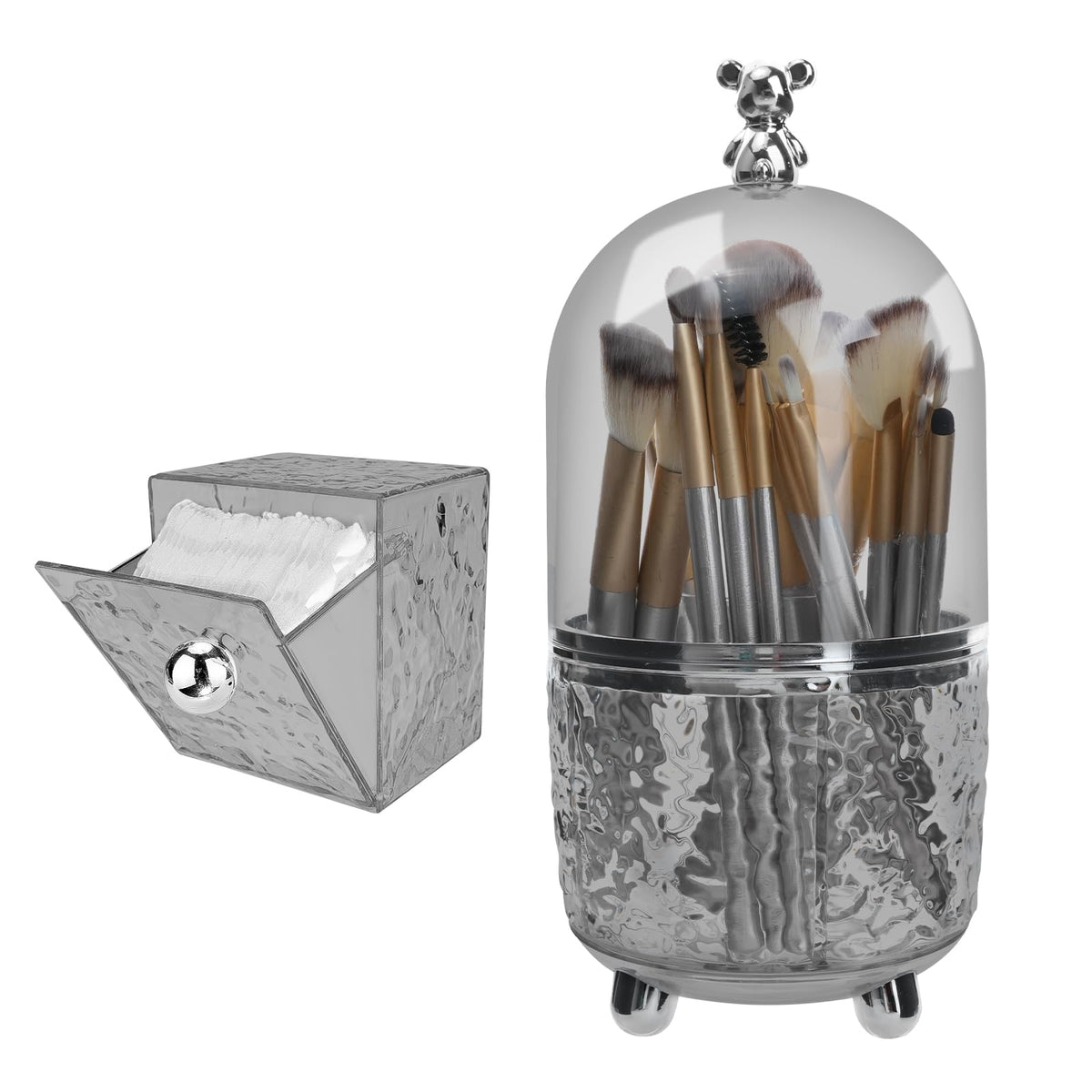 HMIEPRS Makeup Brush Holder Organizer with Lid 360°Rotating Dustproof Makeup Brushes Organizer 4 Compartment Make Up Brushes Cup for Vanity Desktop Bathroom Countertop (Gray)